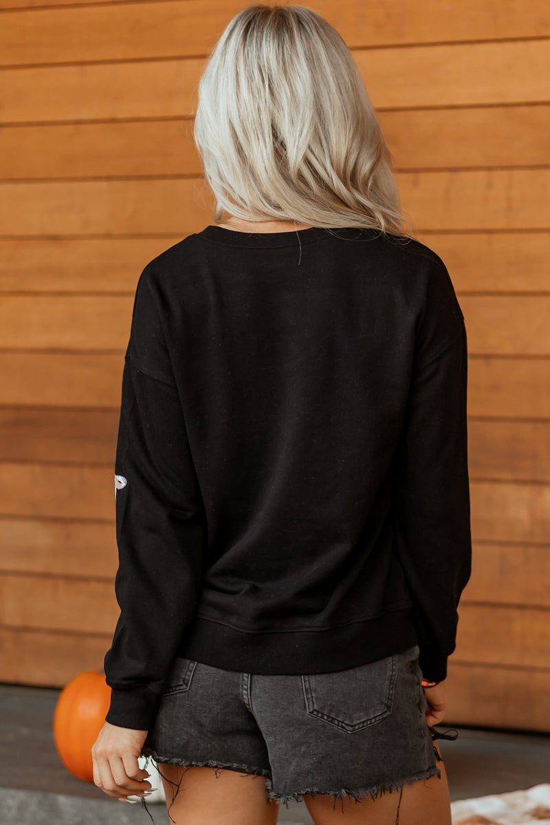 Sequin Cute Bow Ghost Graphic Crew Neck Halloween Sweatshirt