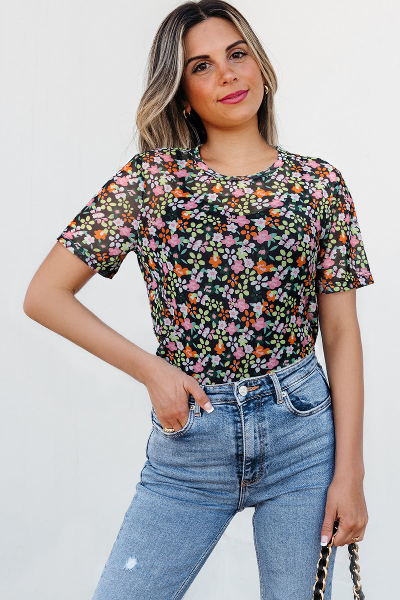 Sheer Floral Mesh Round Neck T Shirt