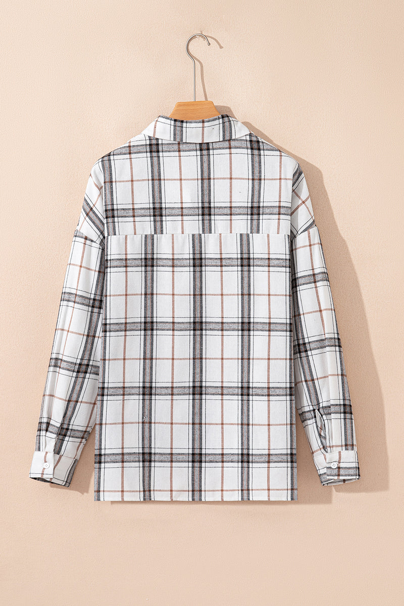 Plaid Print Collared V Neck Loose Blouse with Side Slits