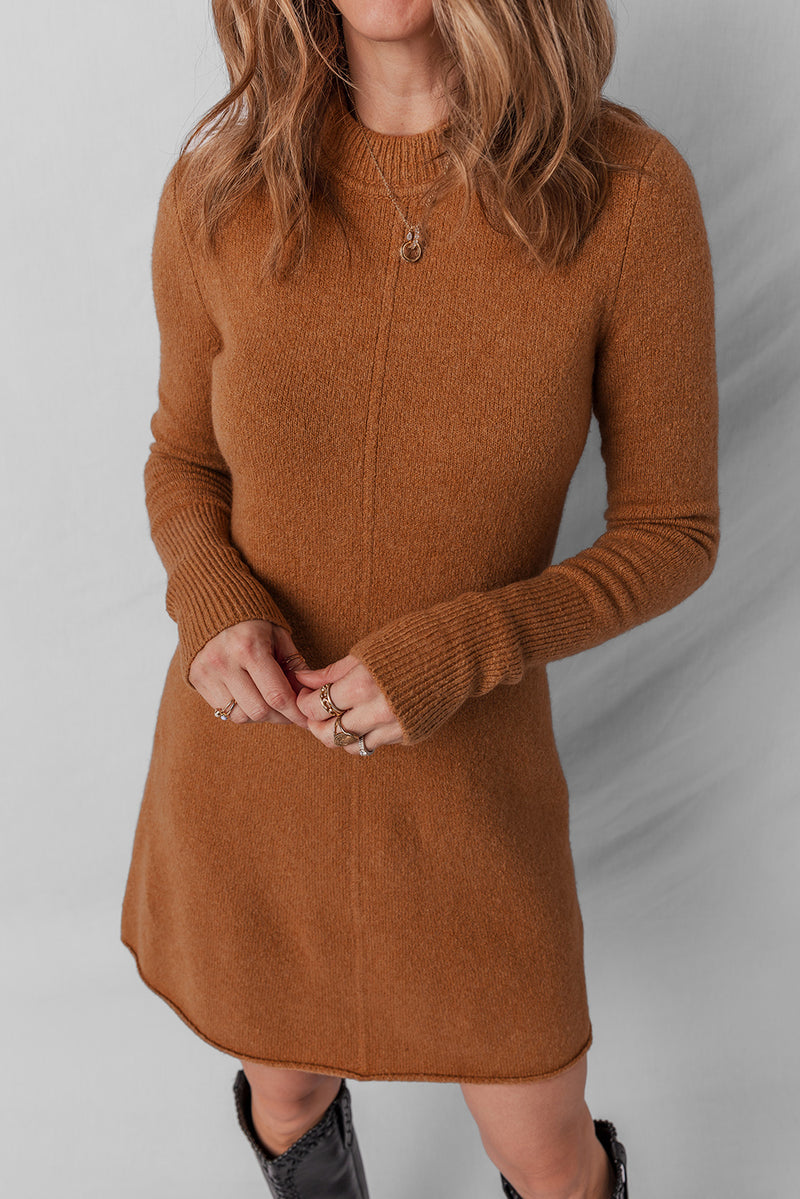 Brown Ribbed Detail Solid Color Mini Sweater Dress