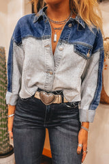 Color Block Patchwork Flap Detail Distress Denim Jacket