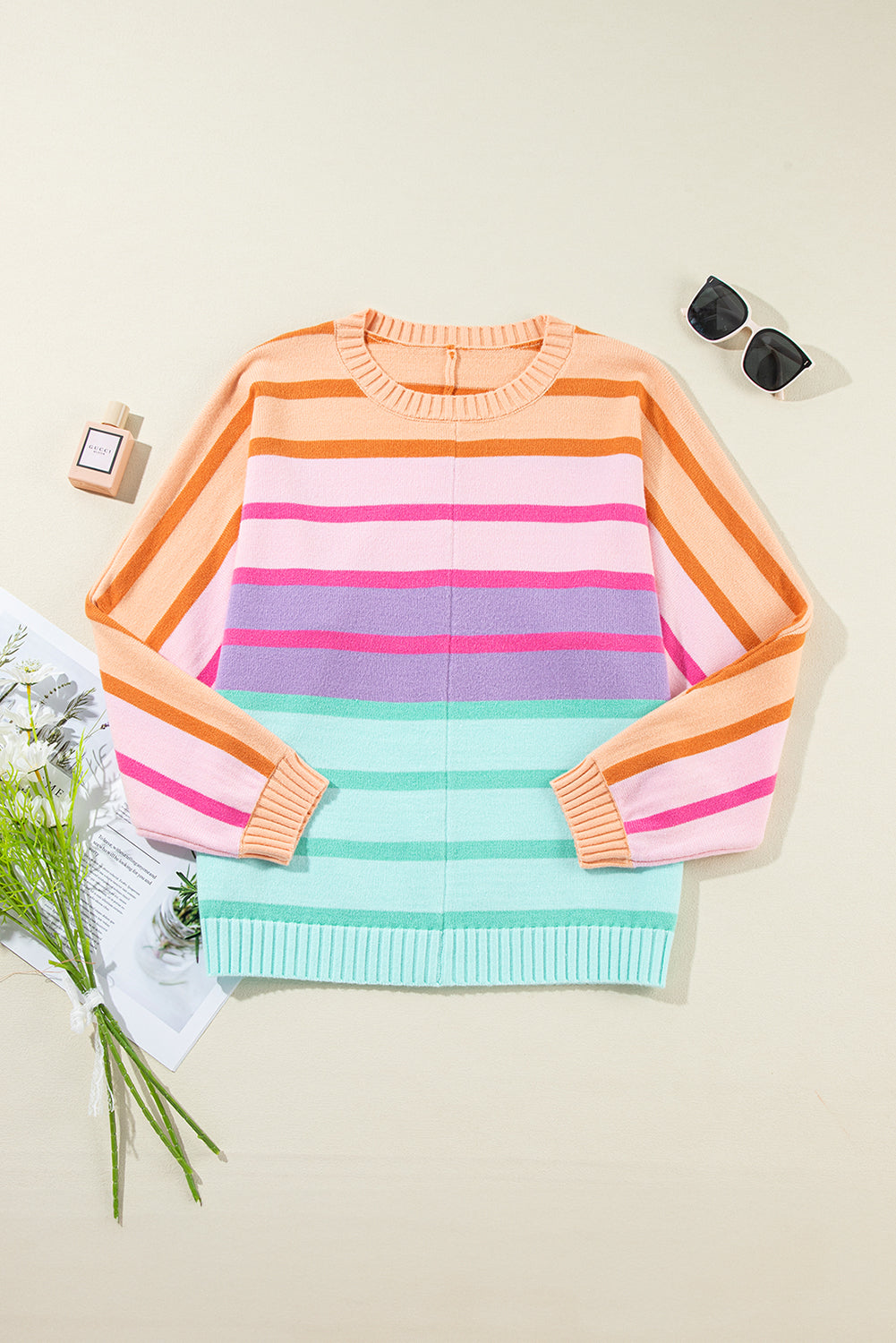 Stripe Gradient Striped Ribbed Edge Loose Sweater