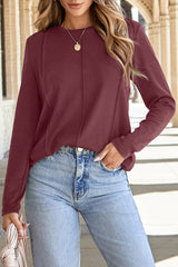 Burgundy Solid Exposed Seam Crew Neck Long Sleeve Top