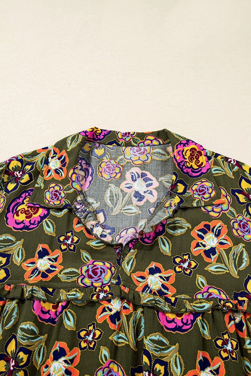 Floral Print Split Neck Bubble Sleeve Shift Mini Dress