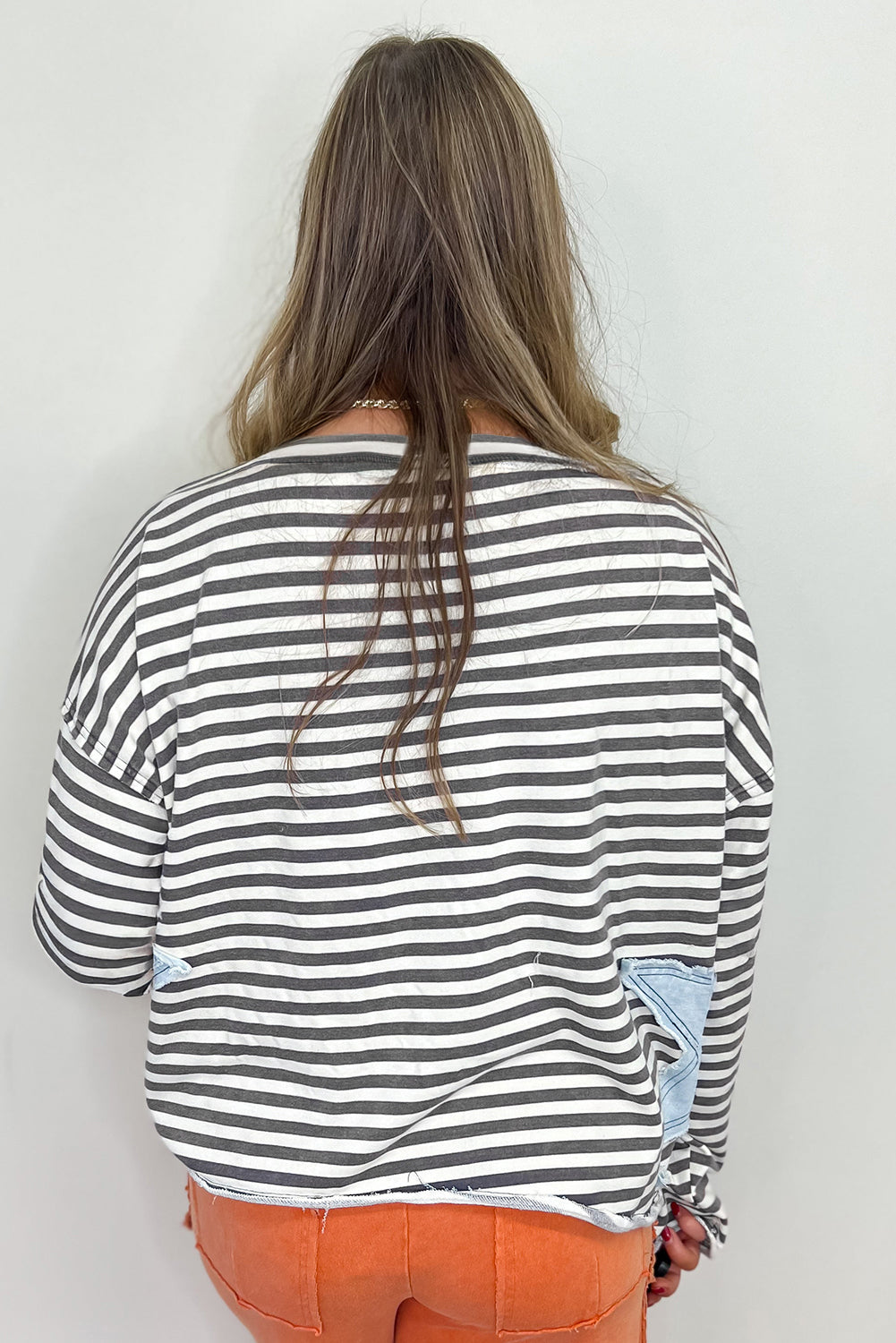 Stripe Starry Patch Drop Shoulder Raw Edge Casual Knit Top