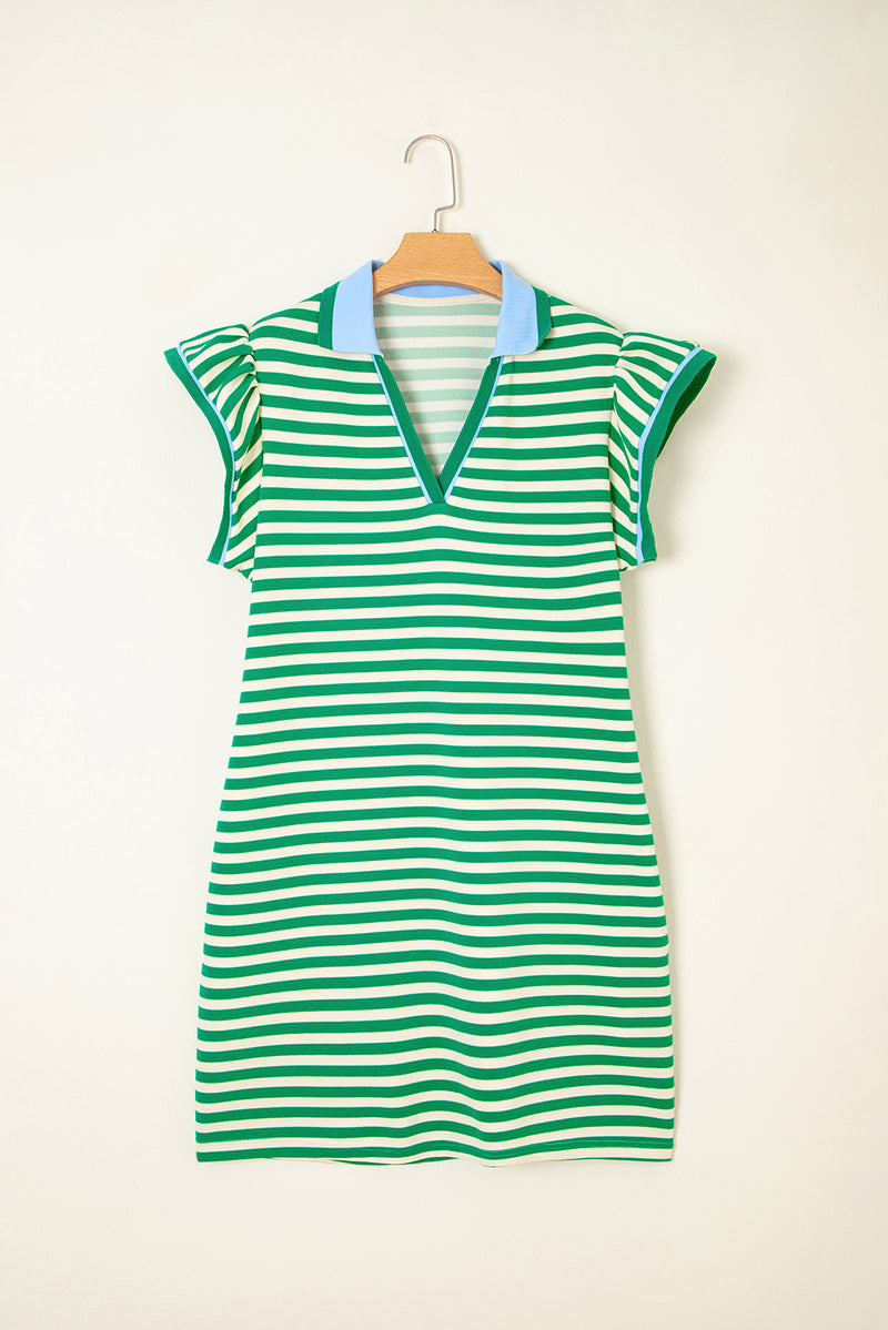Stripe Print Contrast Collar Split Neck Flutter Sleeve Short Dress