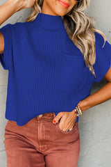Patch Pocket Ribbed Knit Short Sleeve Sweater
