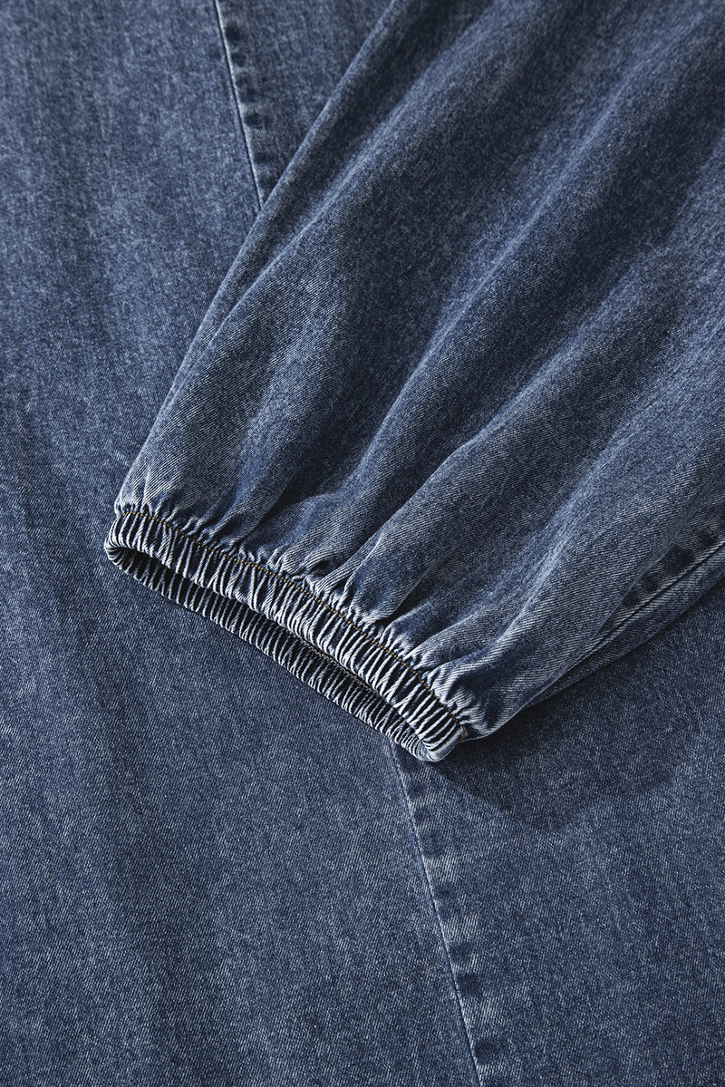 3/4 Sleeve Tied V Neck Pleated Denim Mini Dress