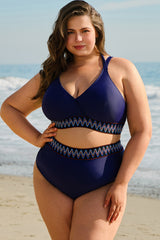 Embroidered Trim Wrap Tie Knot Plus Size High Waisted Bikini