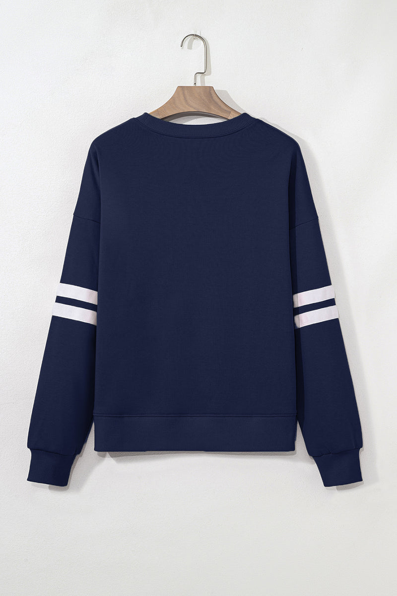 Navy Blue Varsity Striped Detail Drop Shoulder Oversized Sweatshirt