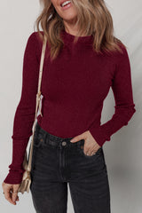 Burgundy Metal Ribbed Knit Long Sleeve Slim Fit Top