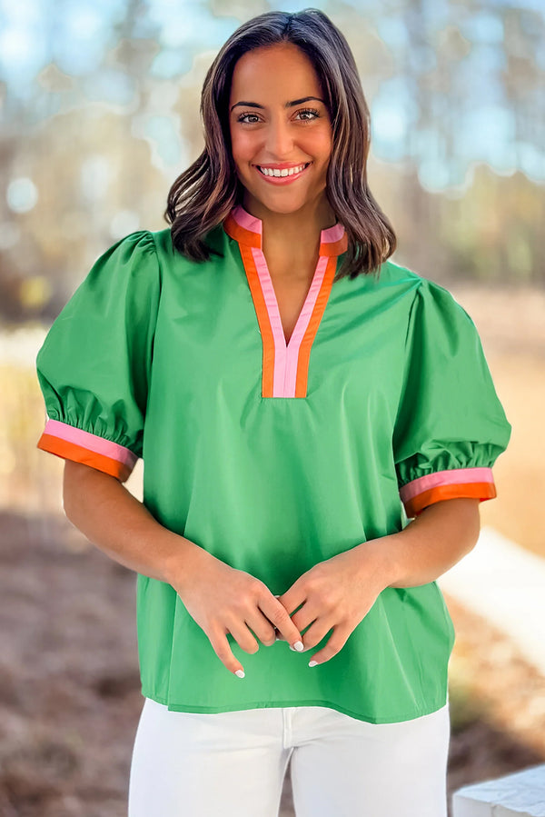 Contrast Striped V Neck Collision Short Puff Sleeve Blouse