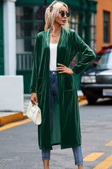 Moss Green Velvet Open Front Pocketed Long Duster