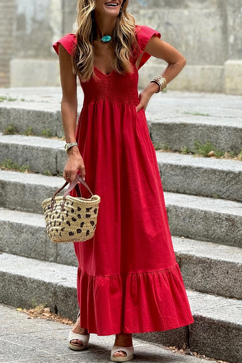 Solid V Neck Flutter Sleeve Smocked Bodice High Waist Ruffle Maxi Dress