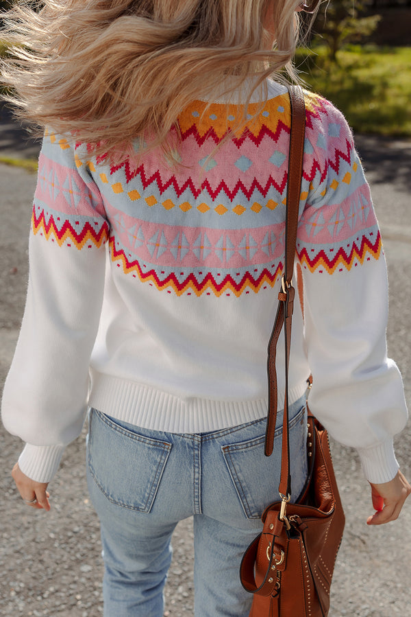 Ethnic Geometric Colorblock Print Drop Shoulder Sweater