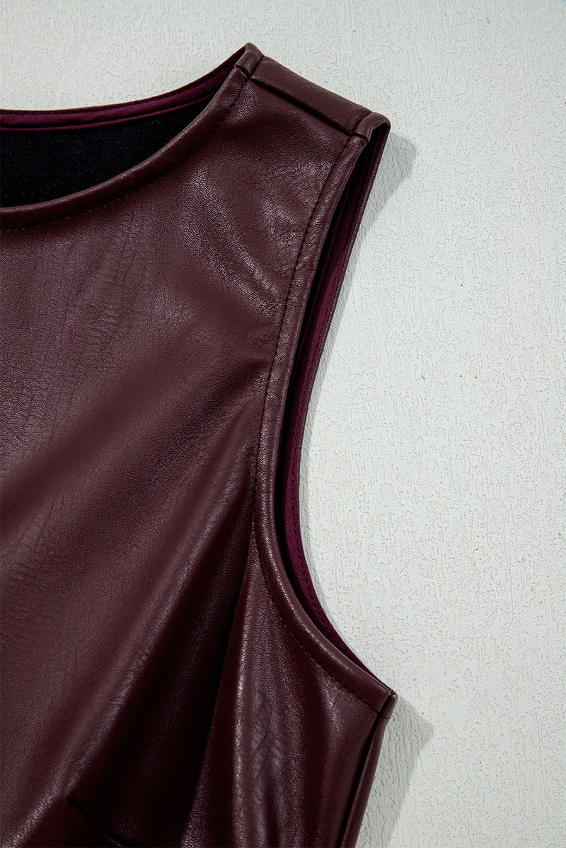 Brown Vegan Leather Sleeveless Mini Dress