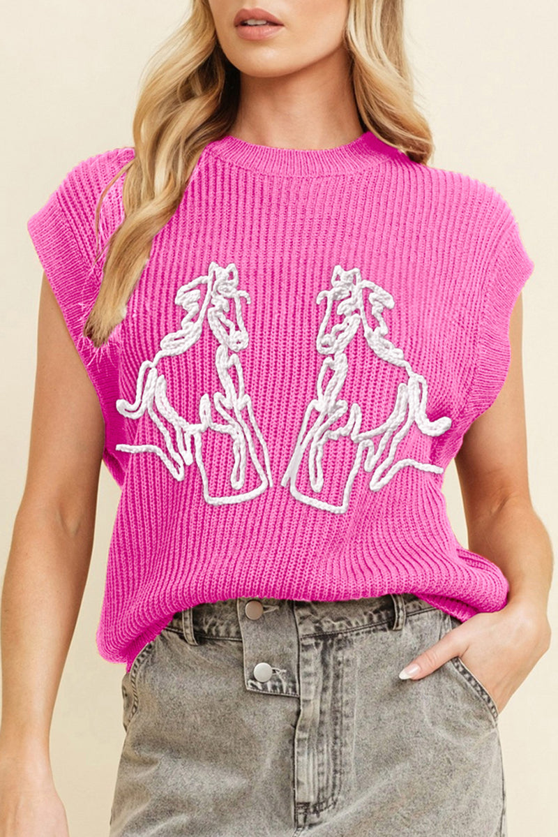 Western Horse Embroidered Round Neck Sweater Tee
