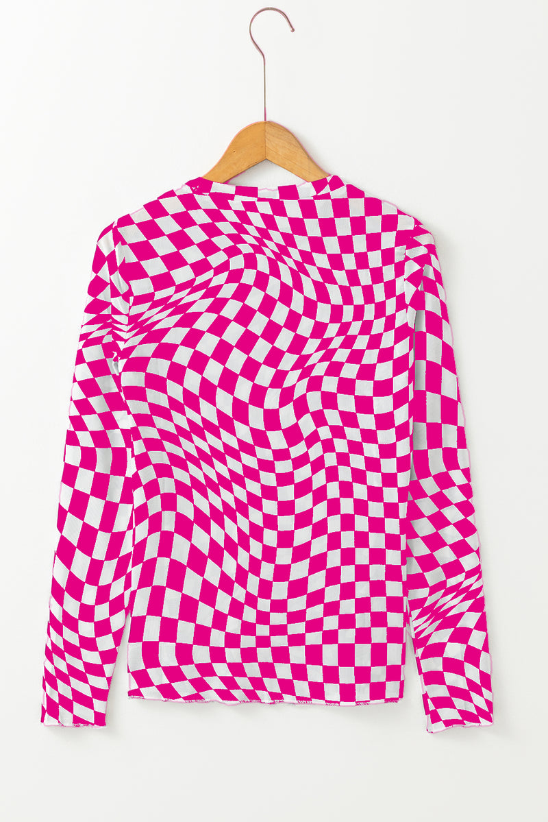 Checkered Pattern Mesh Mock Neck Long Sleeve Top