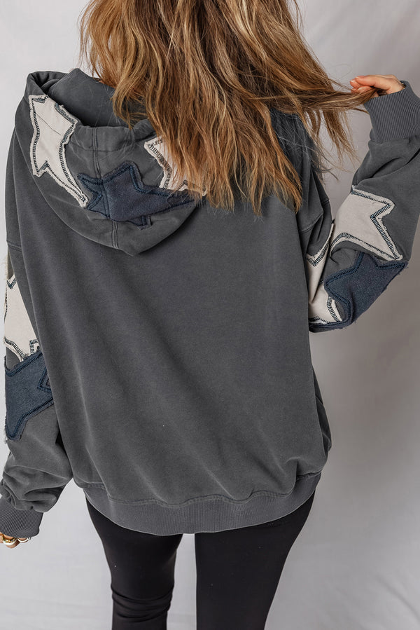 Star Patchwork Contrast Stitching Mineral Wash Kangaroo Pocket Vintage Hoodie