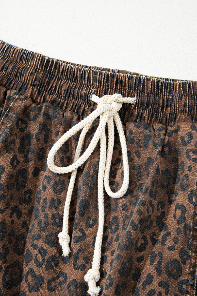 Leopard Print Elastic Waist Drawstring Denim Skort