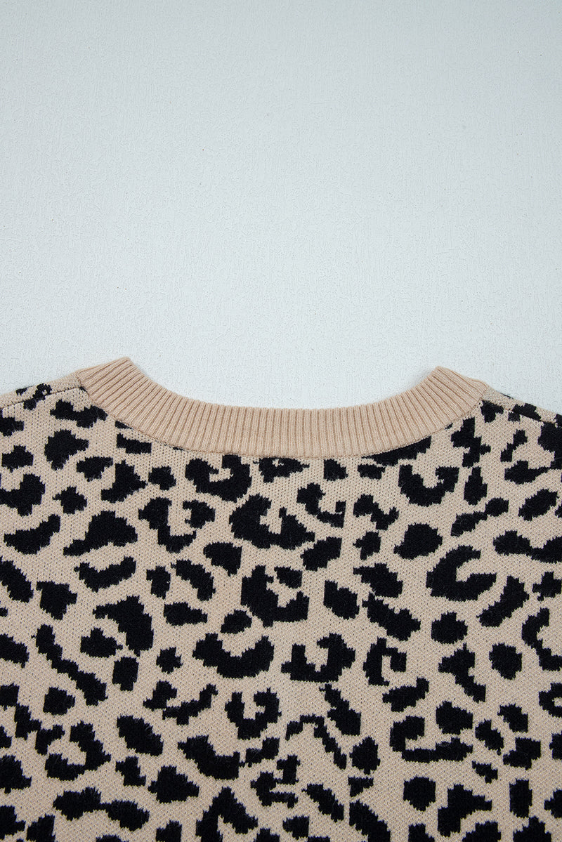 Leopard Drop Shoulder Chunky Knitted Cardigan Sweater