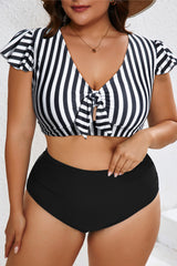 Stripe Plus Size Knot Cutout Ruffle Sleeve and High Waisted 2pcs Swimsuit