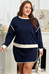 Navy Blue Plus Color Block Drop Shoulder Top and Lace-up Skirt Outfit