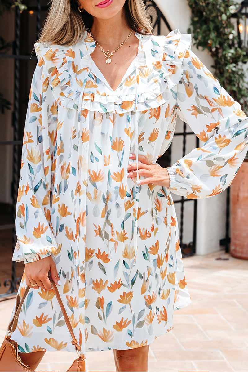 Floral Print Tie Neck Frilled Detail Long Sleeve Mini Dress