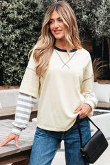 Striped Patchwork Long Sleeve Round Neck Two-in-one Top