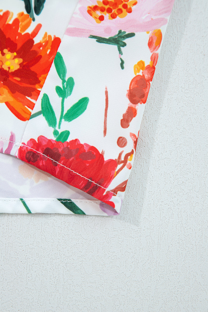 Multicolour Floral Print 3/4 Puff Sleeve Ricrac Trim Mini Dress