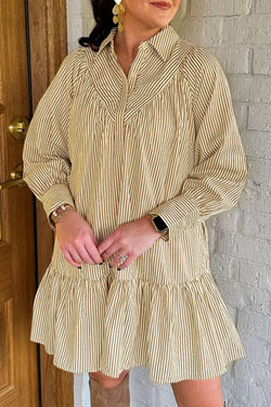 Stripe Collared Neck Cuffed Long Sleeve Drop Waist Mini Dress