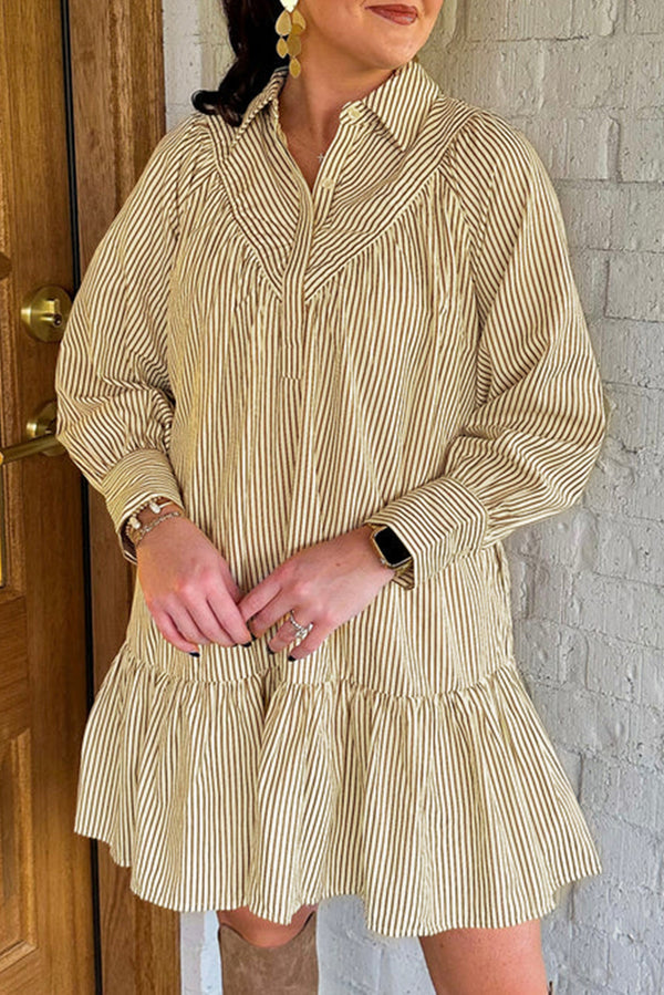 Stripe Collared Neck Cuffed Long Sleeve Drop Waist Mini Dress