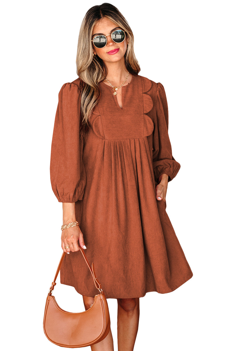 Bracelet Sleeve Split Neck Scallop Detail Pleated Corduroy Mini Dress