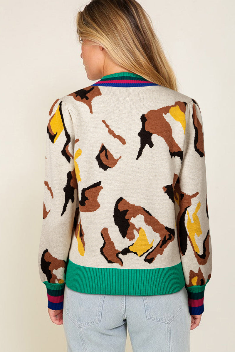 Contrast Ribbed Stripes Detail Animal Pattern Knit Sweater