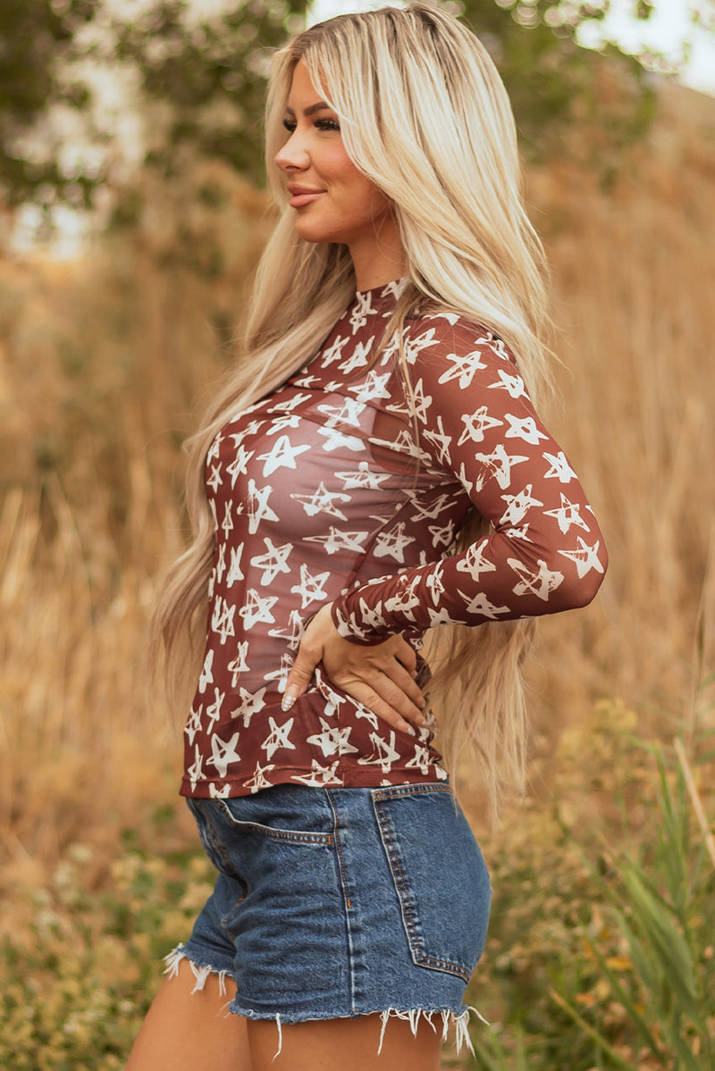 Red Mesh Star Print Mock Neck Sheath Long Sleeve Top
