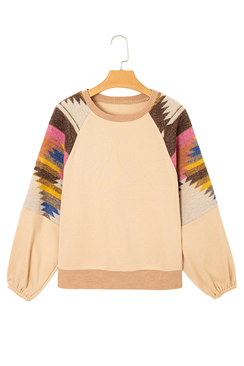 Light French Aztec Patchwork Raglan Pullover Sweatshirt