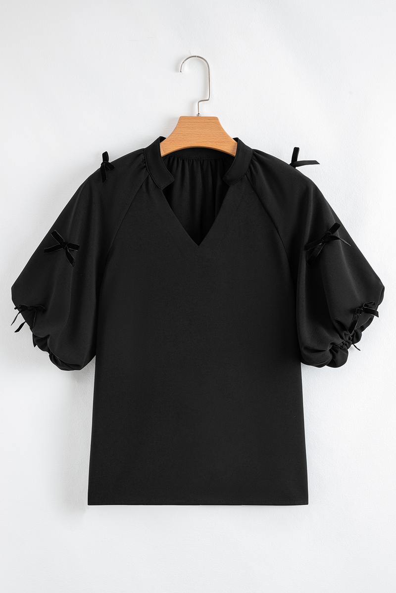 Black Bow Decor Puff Sleeve Split Neck Blouse
