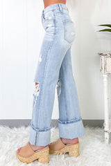 Light Wash Distressed Straight Denim Jeans