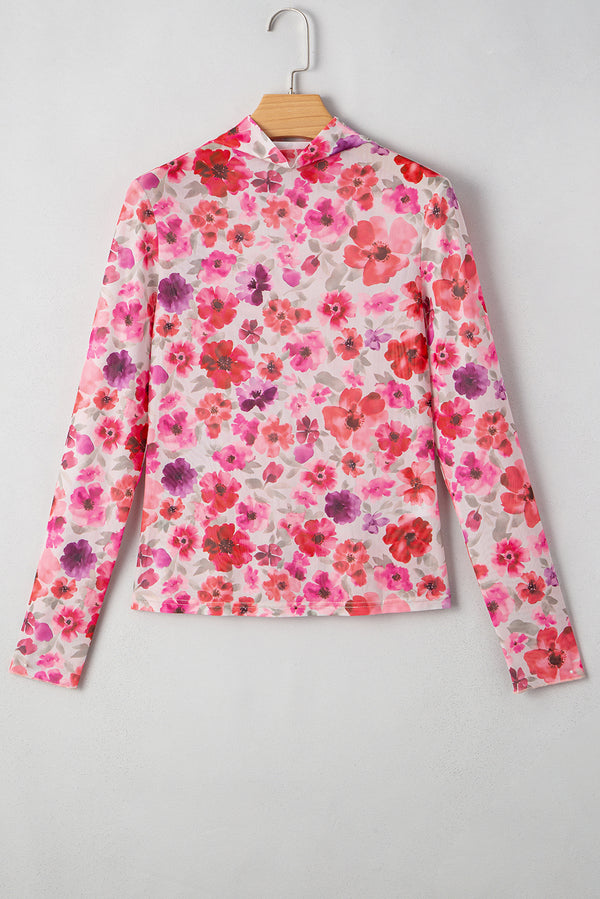 Floral Print Long Sleeve Slim Fit Mesh Top
