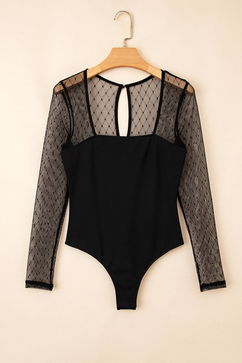 Polka Dot Mesh Long Sleeve Square Neck Bodysuit