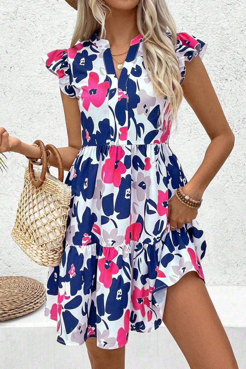 Floral Print Notched Neck Flutter Sleeve Mini Dress