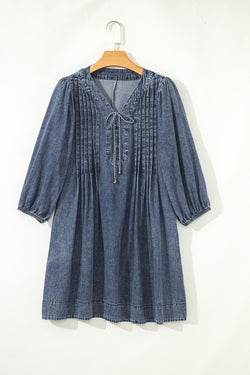 3/4 Sleeve Tied V Neck Pleated Denim Mini Dress