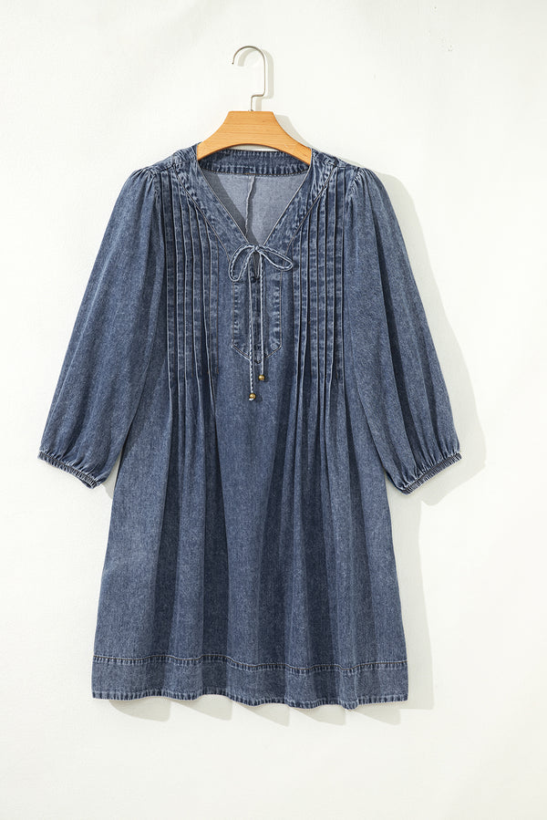 3/4 Sleeve Tied V Neck Pleated Denim Mini Dress