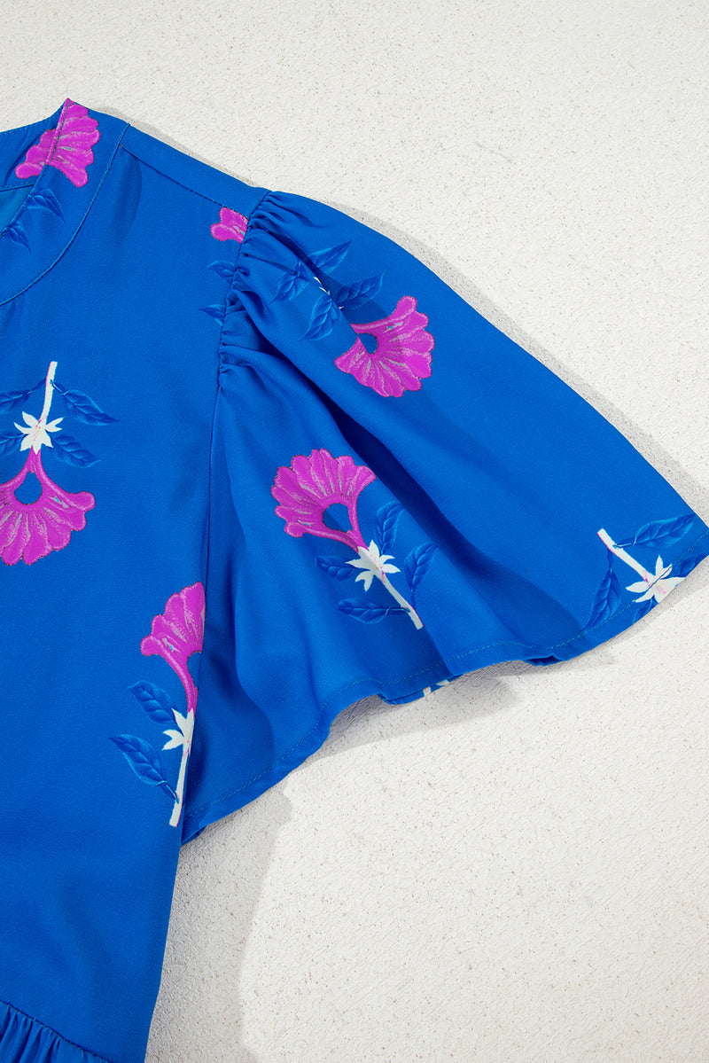 Floral Print Notched Neck Butterfly Sleeve Shift Long Dress