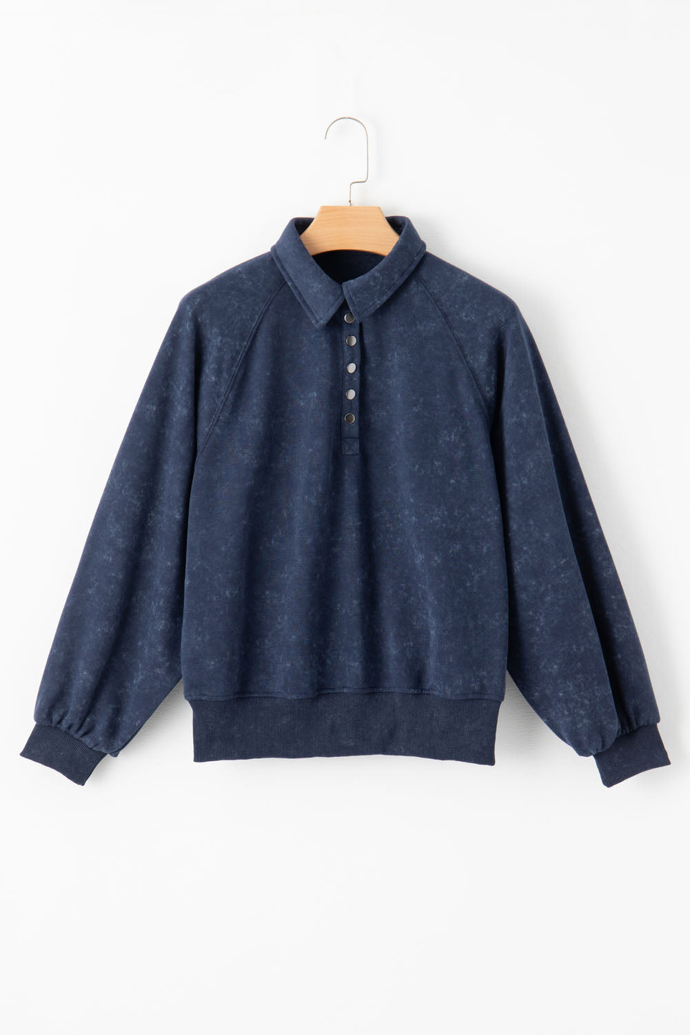 Solid Washed Snap Buttons Lantern Sleeve Pullover Sweatshirt