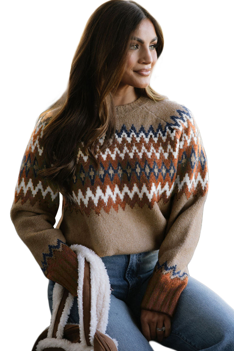 Aztec Print Colorblock Crew Neck Sweater