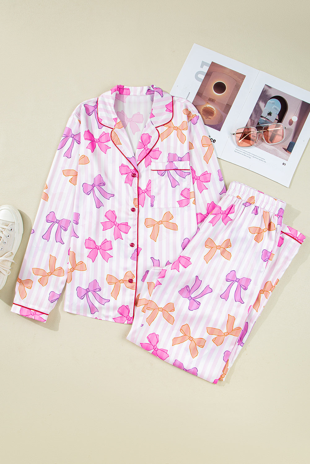 Striped Bow Print Contrast Piping Trim Shirt and Pants 2pcs Pajama Set