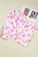 Striped Bow Print Contrast Piping Trim Shirt and Pants 2pcs Pajama Set