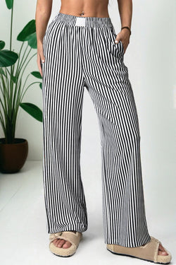 Stripe Elastic High Waist Pocketed Loose Pants