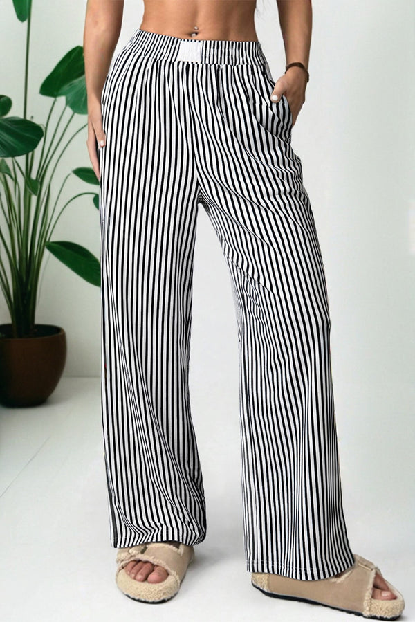 Stripe Elastic High Waist Pocketed Loose Pants